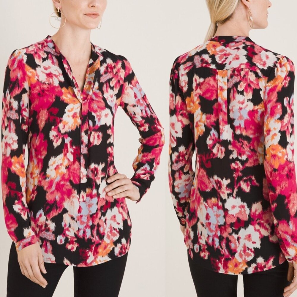 Chico’s NWT Long Sleeve Ikat Pink Black Blouse Top V Neck Tie Long Sleeve - Picture 2 of 9